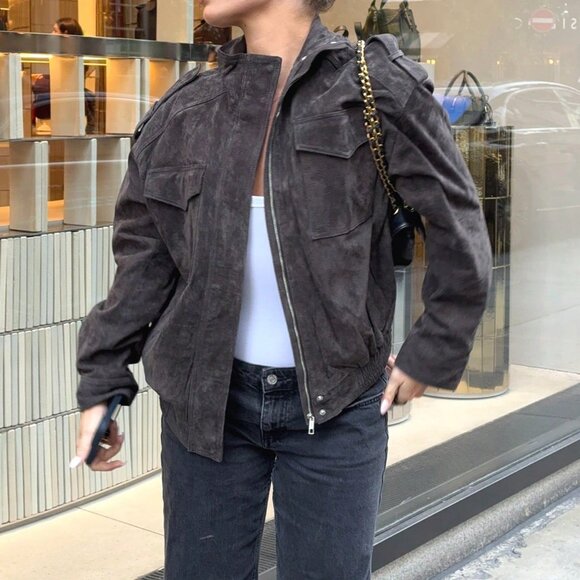 Dark Grey Casual Streetwear Women's Suede Bomber Jacket - Picture 5 of 6